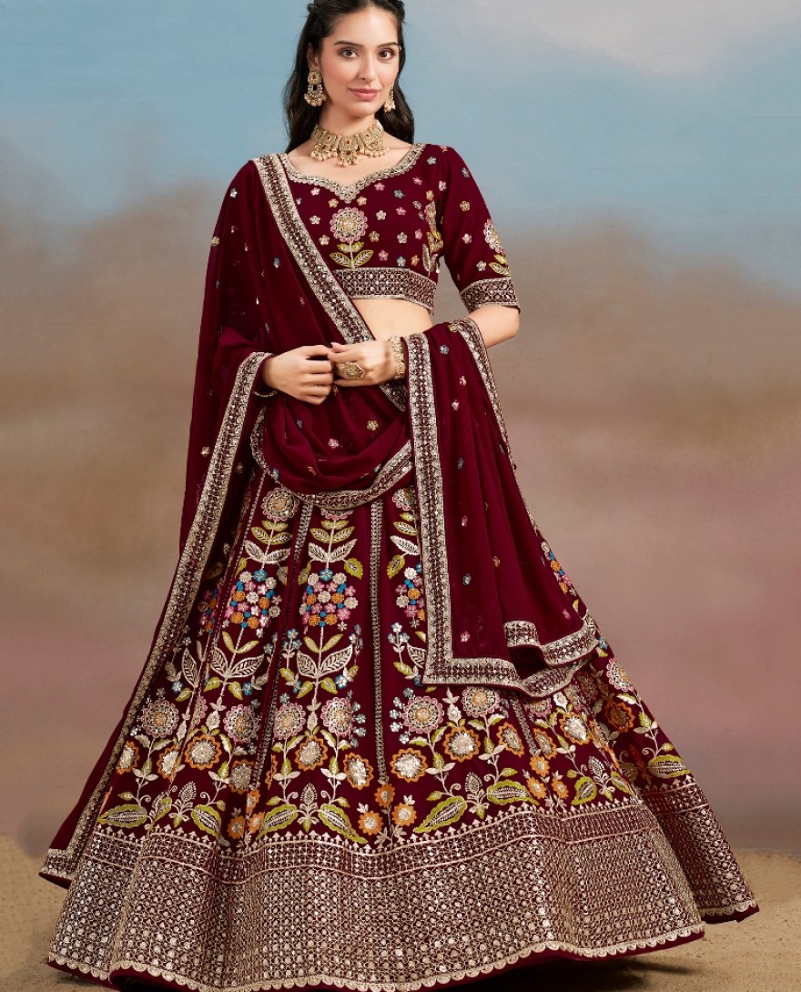 6008-Maroon - Stunning maroon Thread Work Georgette Engagement Wear Lehenga With Blouse